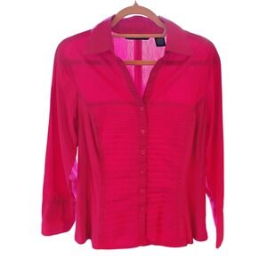 Zac & Rachel Women's L Hot Pink Ruched Blouse Long Sleeve Stretch‎ Button Down